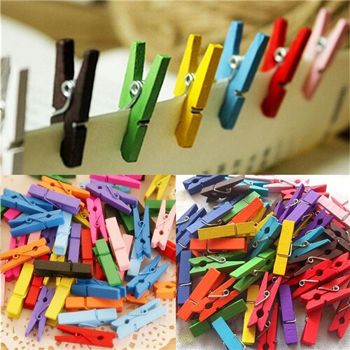 50 stuks mini-papieren fotohangers, gekleurde houten knutselknijpers, kledingklemmen, wasknijpers voor wenskaarten 30mm