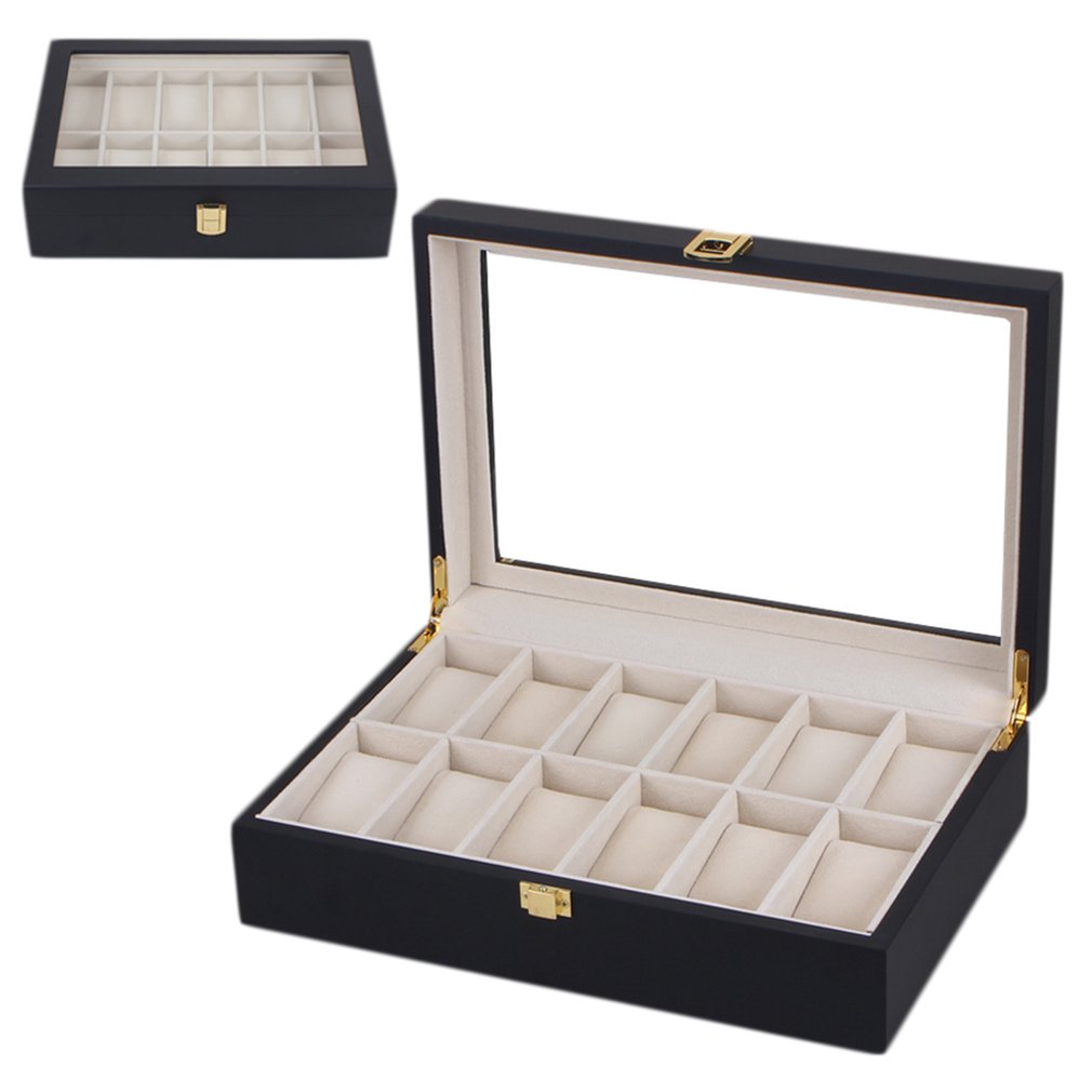12 Grids Balck Wooden Watch Box Storage Organizer Case Saat Kutusu Watch Jewelry Boxes Watch Holder