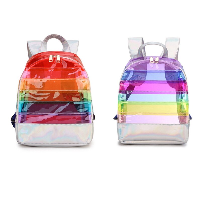 Regenbogen PVC Rucksack transparent Wasserdicht Schule Tasche Frauen Schulter Schulranzen Klar Bunte Rucksäcke Reise Daypack