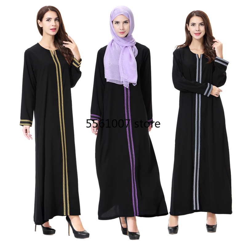 Vestidos Abayas para mulheres, bordados, manga comprida, robe casual preto fino, Dubai, Turquia, roupas islâmicas, terno de moda muçulmana