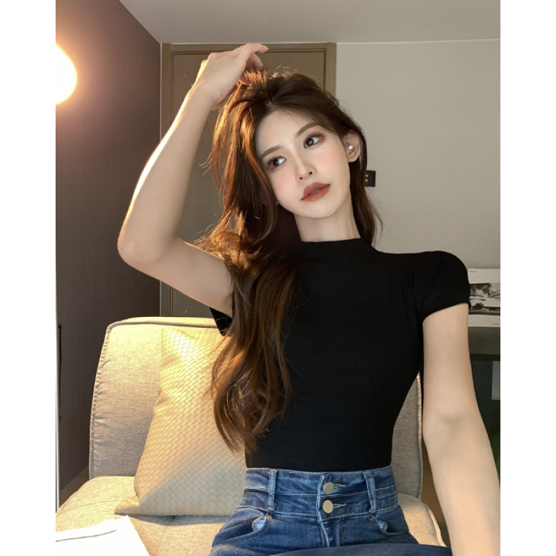 Koreansk basic crop top dam kortärmad rund hals skinny t-shirt sommar t-shirt för kvinnor vintage topp harajuku  y2k streetwear