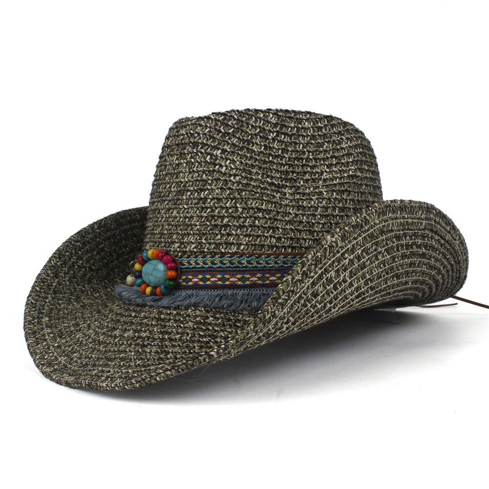 Chapéu de vaqueiro ocidental, feminino, palha vazada, estilo boêmio, com borla, tamanho 56 a 58cm, para praia, jazz, chapéu de sol: Coffee