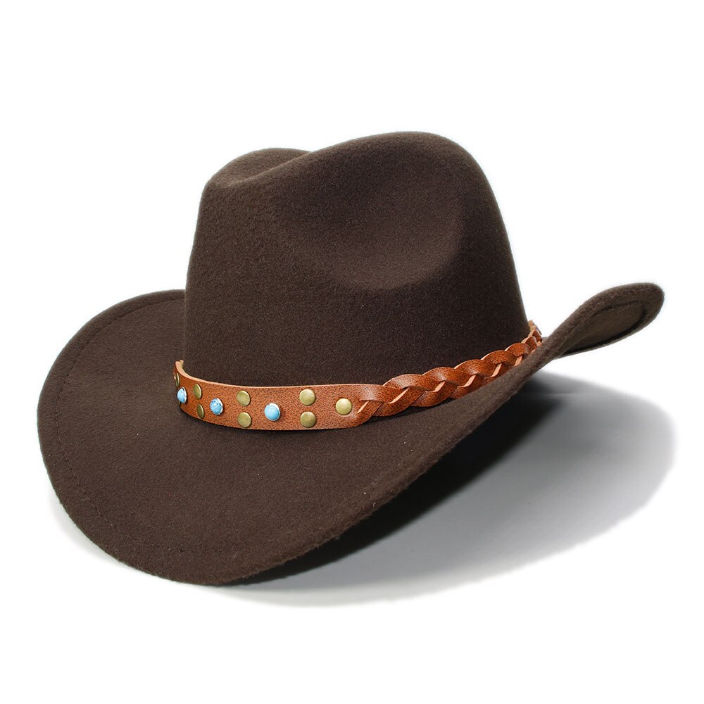 LUCKYLIANJI Womem Men Female Male's Wool Felt Western Cowboy Hat Wide Brim Cowgirl Braid Leather Band (One Size:57cm): Brown