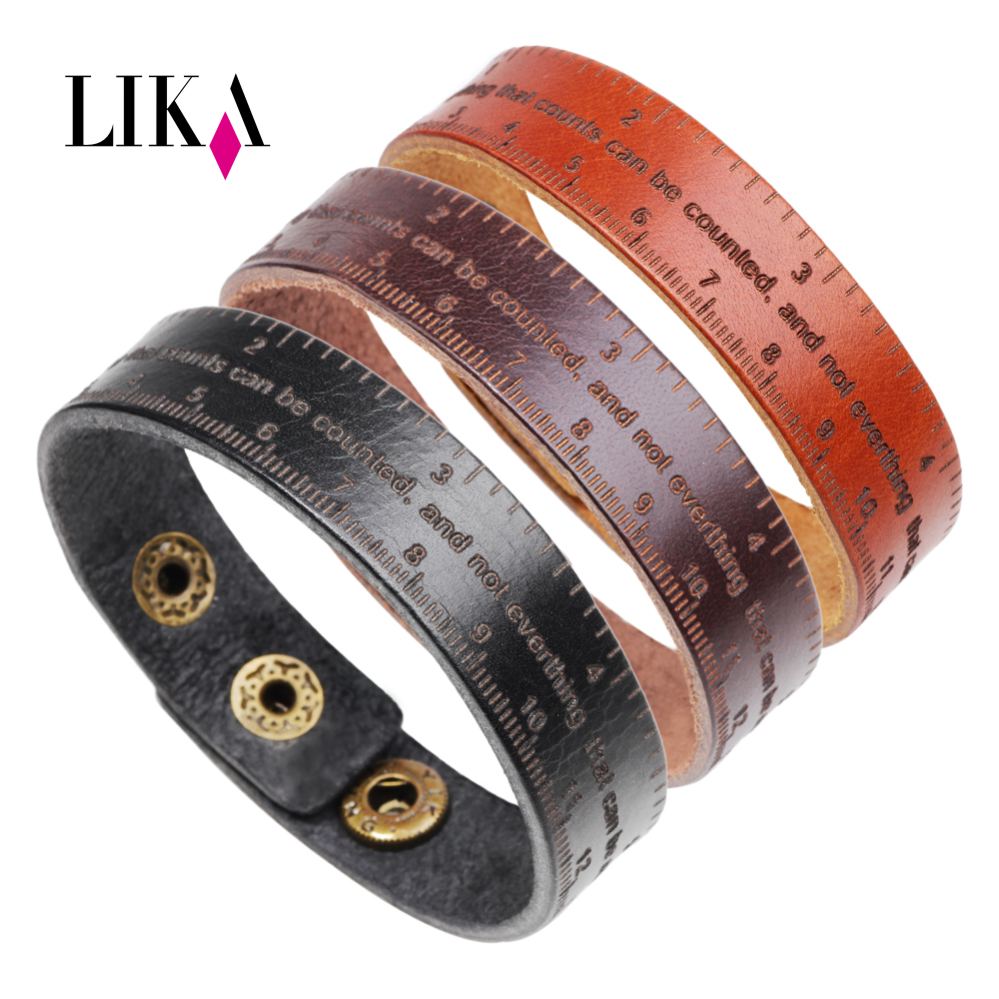 LIKA Multifunctional Ruler Leather Bracelet Men Vintage Wide Cuff Bangles Adjustable Buckle Wristband Male Bracelet Black&Brown