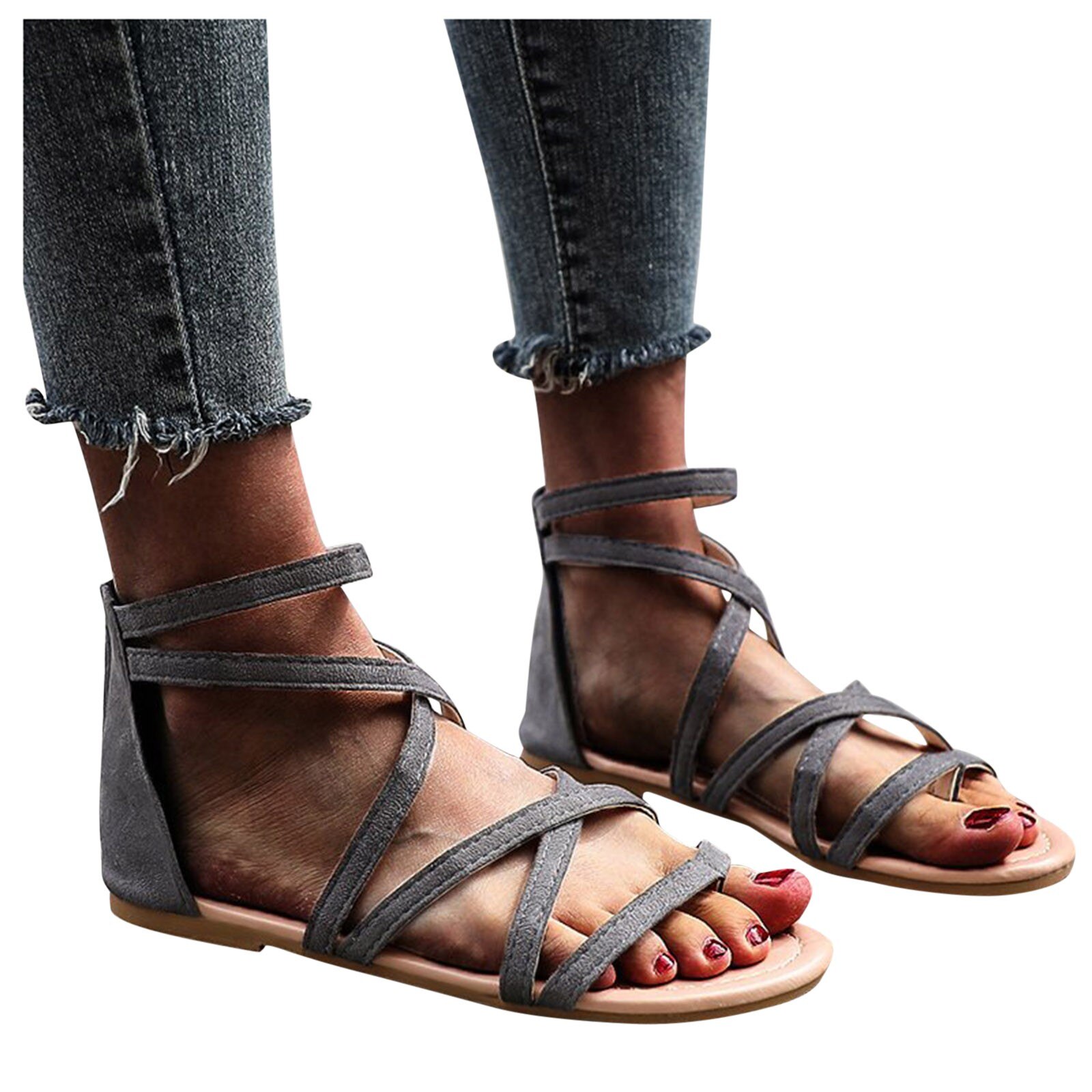 Sandales plates d'été à fermeture éclair pour femmes, chaussures de plage à bout ouvert, respirantes, D4,