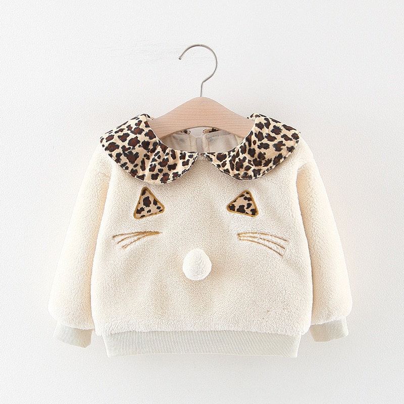 Vinter varm bebis flickor tecknad katt leopard kavajkrage förtjocka fleece sweatshirts barn barn huvtröjor ytterkläder