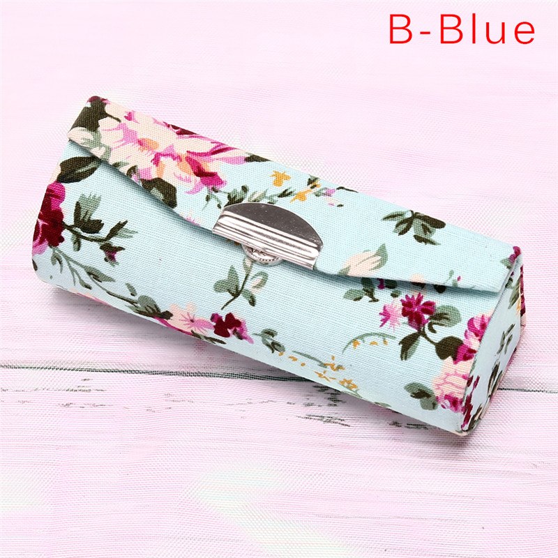 Blomsterudskrivning læbestift æske enkelt læbestift opbevaring taske kosmetiske tasker med spejl kvinder makeup opbevaring boks: B-blå