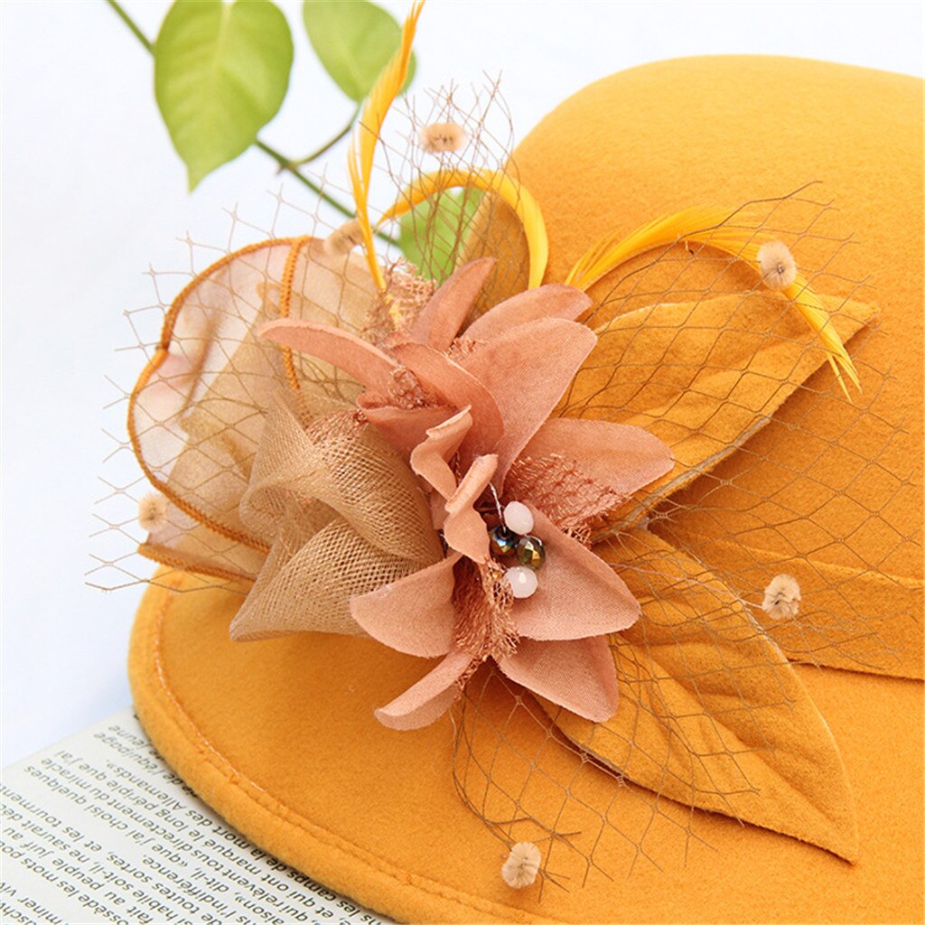 Vintage Black Wool Felt Cloche Hat With Bowknot Wide Brim Bowler Winter Fedoras Ladies Yellow Blue Floppy Derby Hats Cap#p5