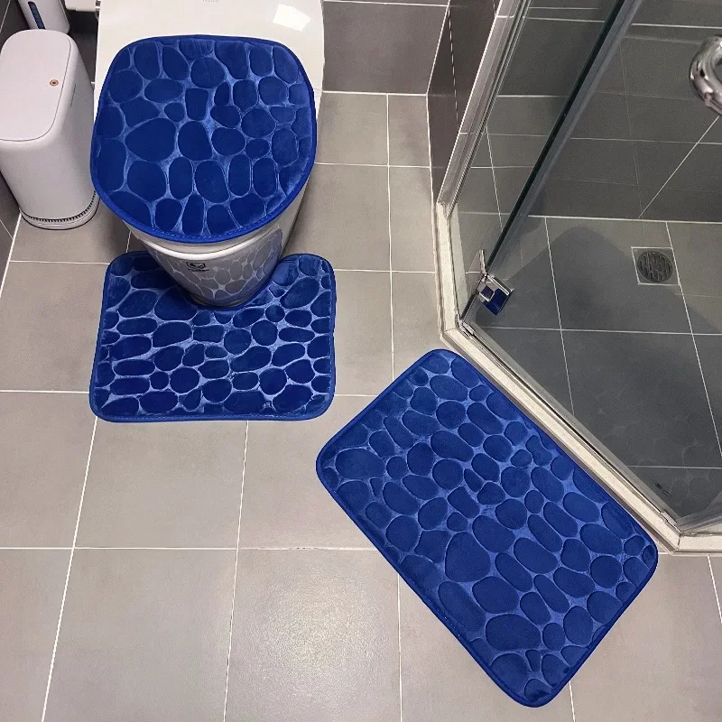 3PCS/Set Non-slip Soft Bath Mat Toilet Cover Carpet Cobblestone Embossed Floor Mat Bathroom Absorb Water Can Be Washed 욕실 매트: WHITE