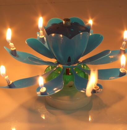 Innovative Cake Topper Musical Blooming Lotus Flower Double-deck Rotating Happy Birthday Candle Light Party DIY Cake Decoration: Blue