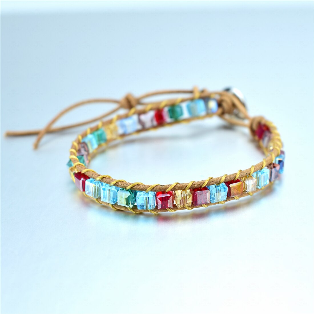 Rainbow Crystal Beads Weaving Handmade Friendship Bracelet Crystal Boho Couple 1 2 3 Wrap Bracelet 7 Chakras Jewelry: Brown leather 1 wrap