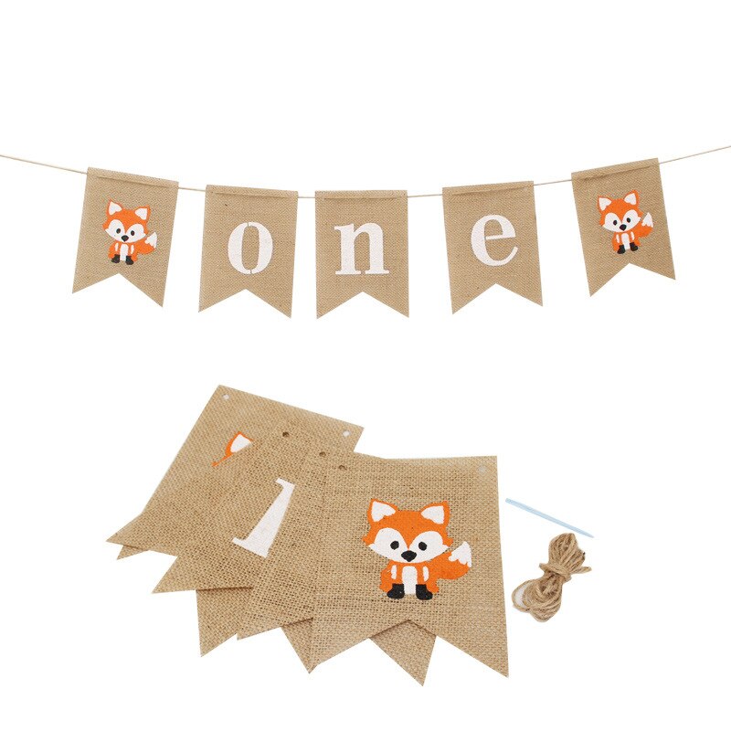 Fox Birthday Pulling Banner Linen Swallow Tail Flag Birthday Party Banner Supplies