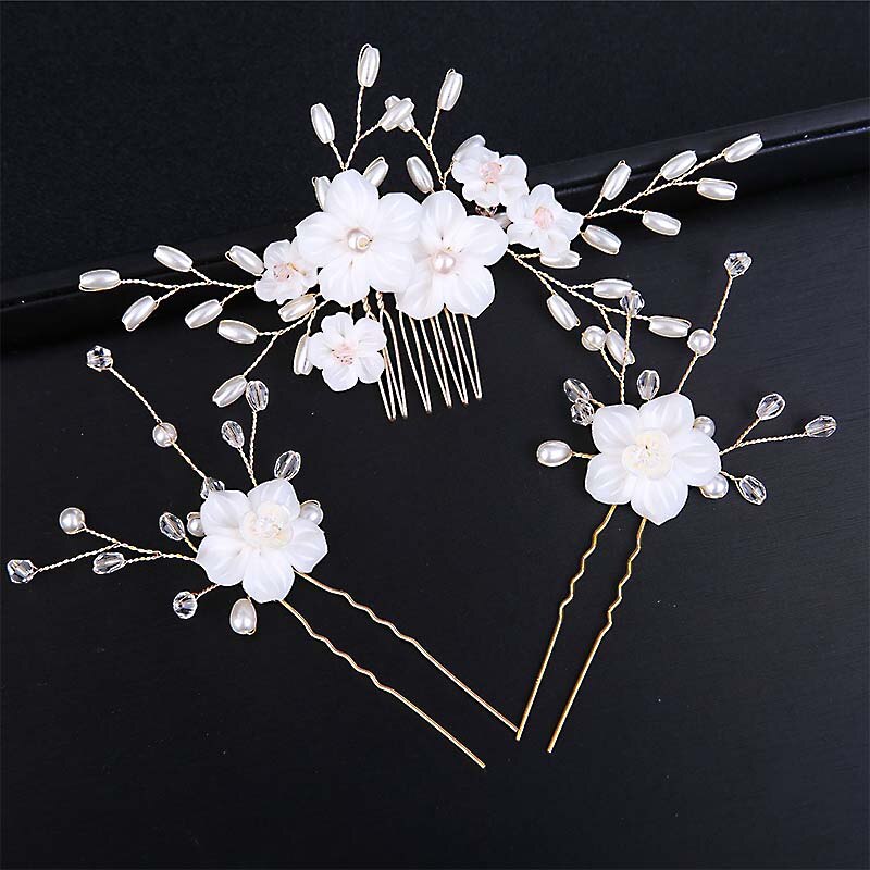 GETNOIVAS splendidi fiori bianchi perle bastoncini per capelli pettine per capelli da sposa perni per capelli clip Set accessori per capelli da sposa Set SL