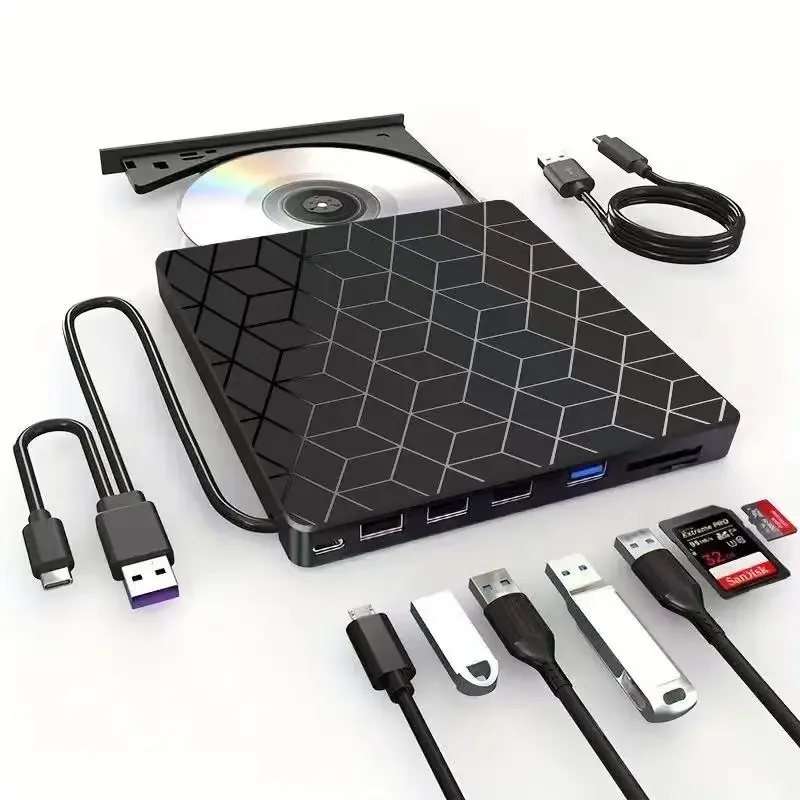 Gravador de dvd externo 7 em 1, usb 3.0/tipo-c, gravador de unidade óptica de dvd, cd/dvd player para laptop, desktop, cd, dvd, leitura, escrita: Default Title