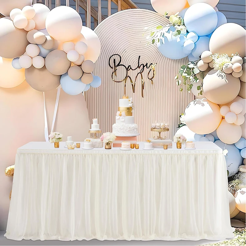 White Tulle Table Skirt Rectangle/Round Tables Ruffle Semi Sheer Tablecloths for Wedding Bridal Shower Birthday Party Decoration