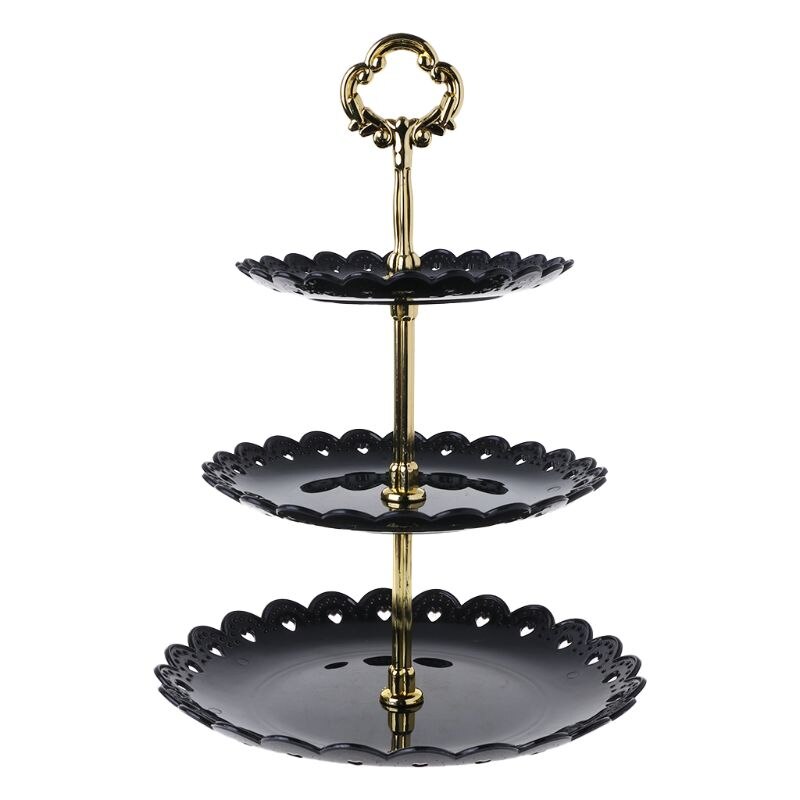 3- laags bruiloft verjaardagsfeest taartbord afternoon tea dessertstandaard fruit snacks display toren: Zwart