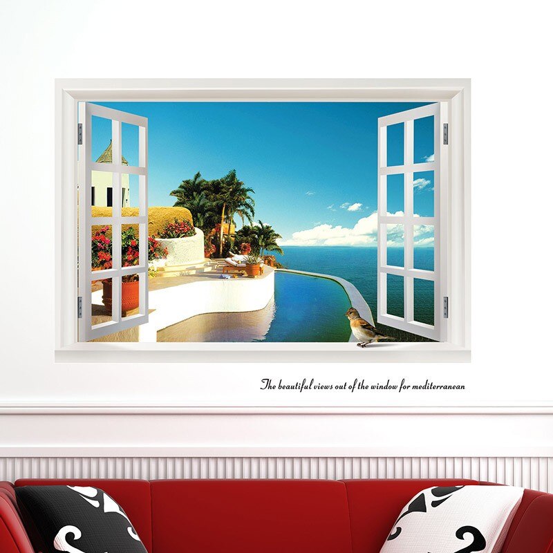 3d mediterranean style window wall stickers for living room wall art decor posters diy pvc decals