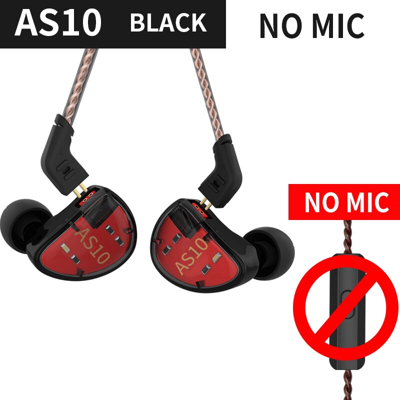 Kz  as10 5ba in ear øretelefon hifi monitor headset musik øretelefon generelt  zs10 pro  as12 as16 zsx  v90 c12 c10 a10 ba5 zsn: Sort ingen mikrofon