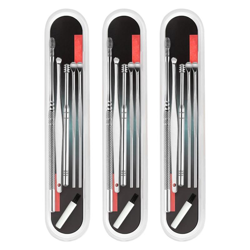 3 Sets Reinigingsborstel Oor Lepel Set Rvs Ear Wax Removal Tools Oor Picks Cleaning Brush Kit Professionele Oor wax