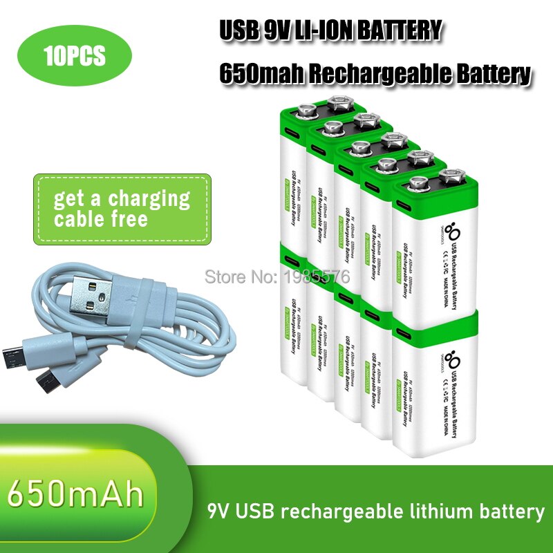 2-10PCS 9V 6F22 650mAh USB lithium Rechargeable battery 9 V li-ion batteries for Multimeter Microphone Toys Remote Control: 10PCS