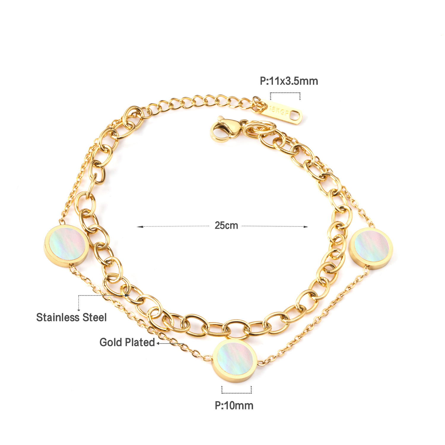 LUXUSTEEL Pulsera Acero Inoxidable Mujer Stainless Steel Round Shell Chains Bracelets Golden Color Double Layers Bracelets