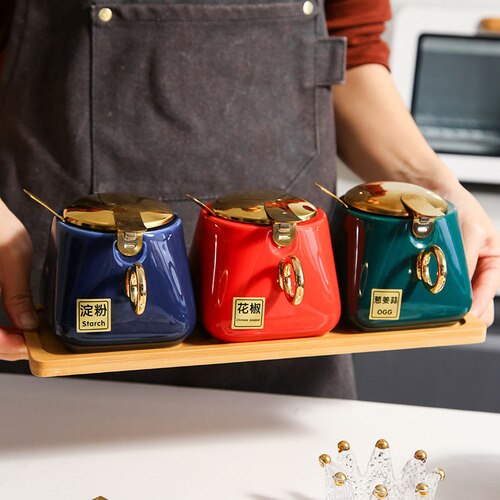 Kruidkruik Set Huishoudelijke Combinatie Zout Jar Kruiden Opbergdoos Keramische Keuken Kruiden Pot Peper Pot Met Deksel Cn (oorsprong): blue red green
