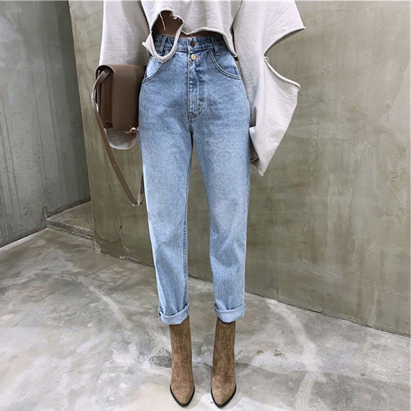 Vintage hoge taille rechte jeansbroek voor vrouwen streetwear losse vrouwelijke denim jeans knopen rits dames jeans pantalon 10394: Xl