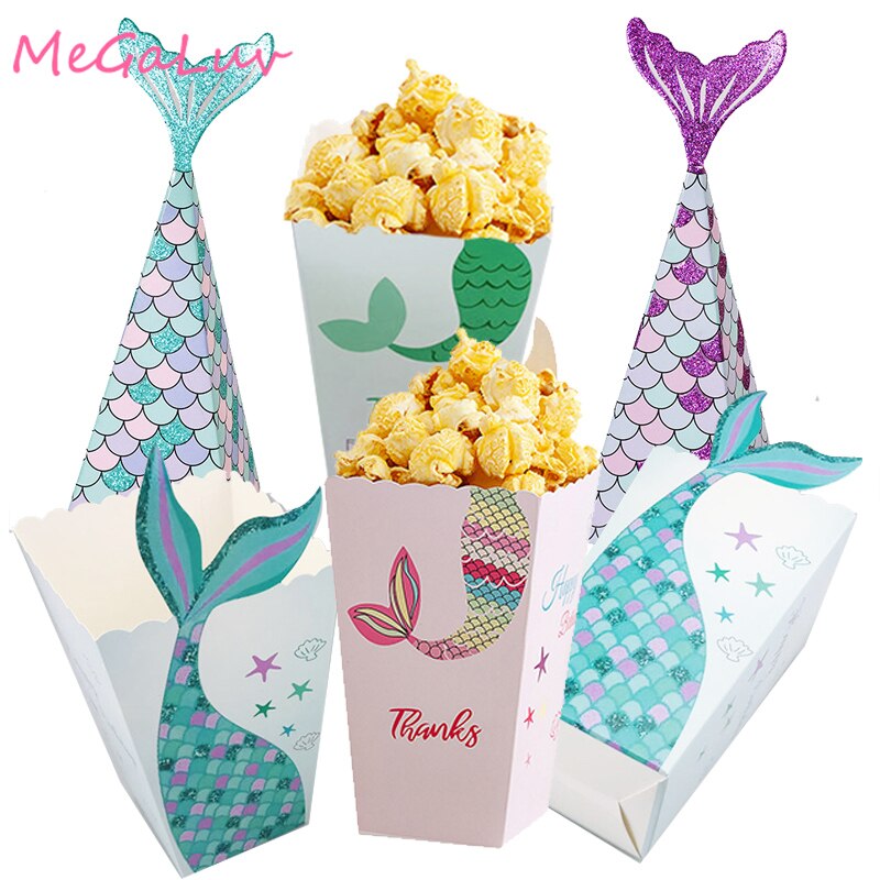 6/5 st lila grön sjöjungfru popcorn lådor godispåsar hållare popcorn behållare för barn sjöjungfrufest födelsedagsfest tillbehör