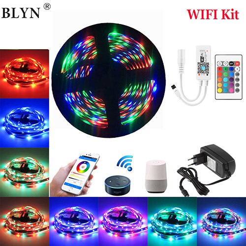 Wifi Bluetooth Rgb Led Strip 12V Flexibele Diode Tape 5M 10M Waterdicht Lint Smartphone Controle Alexa google Assistent Adapter: Remote WIFI Kit / Non Waterproof / 15M(3x5M) Full Kit