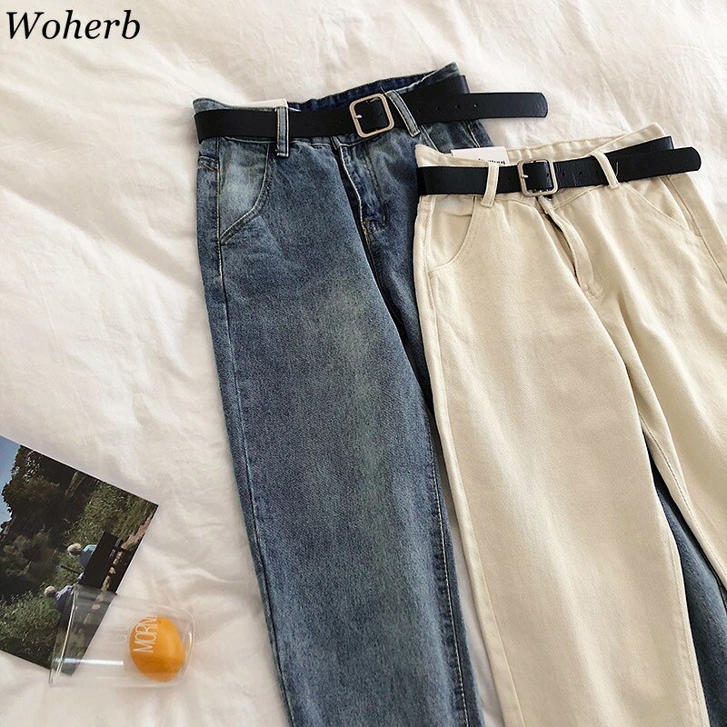 Woherb vintage dam boyfriend jeans för kvinnor mamma jeans med hög midja casual penna byxor koreanska streetwear bälte jeansbyxor