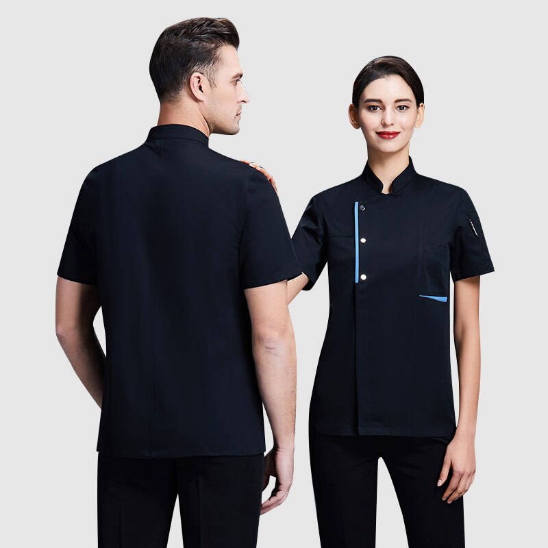 Chef uniform male chef's clothes catering hotel hotel uniforms male thin with short sleeves are three summer blue edge