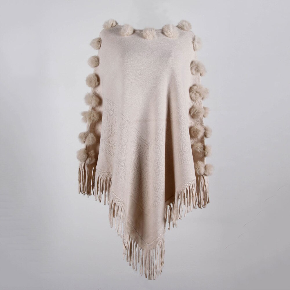 Rund hals cape poncho tröjor dam vinter stickad tofs solid hårboll capes sjal kappa ponchos elegantes höstkappa sjal: Aprikos