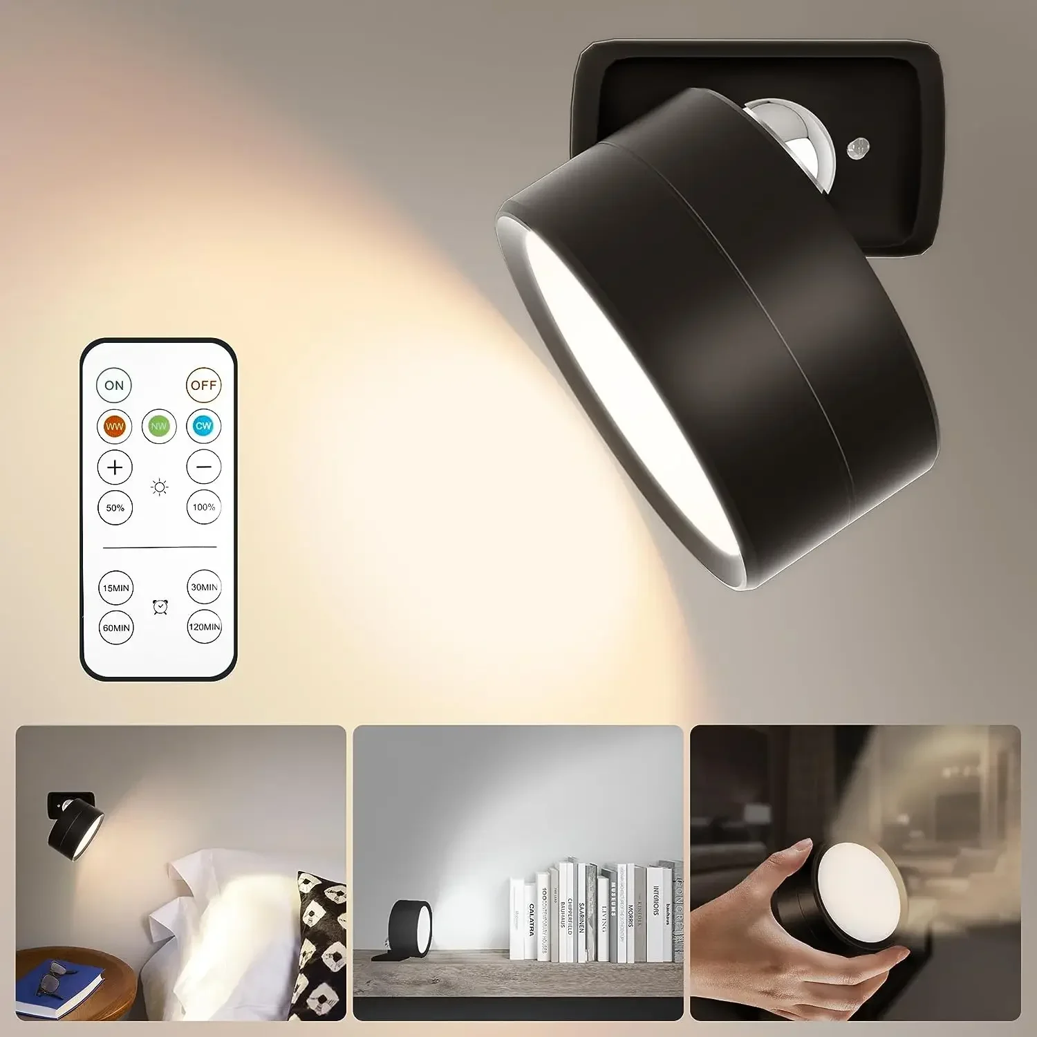 LED-Wandleuchte, 3 Helligkeitsstufen, 3 Farbmodi, Wandleuchten, batteriebetrieben, 360° ° Drehbare berühren Kontrolle Wandleuchte: Schwarz