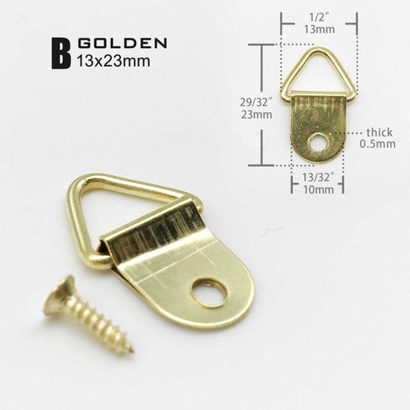 100Pcs Picture Hangers Golden Brass Triangle Photo Picture Frame Wall Mount Hanger Hook Hanging Ring Iron with screws