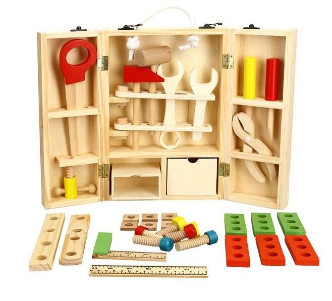 Wooden blocks DIY portable multi-function simulation toolbox set combination children's puzzle play house disassembly toys