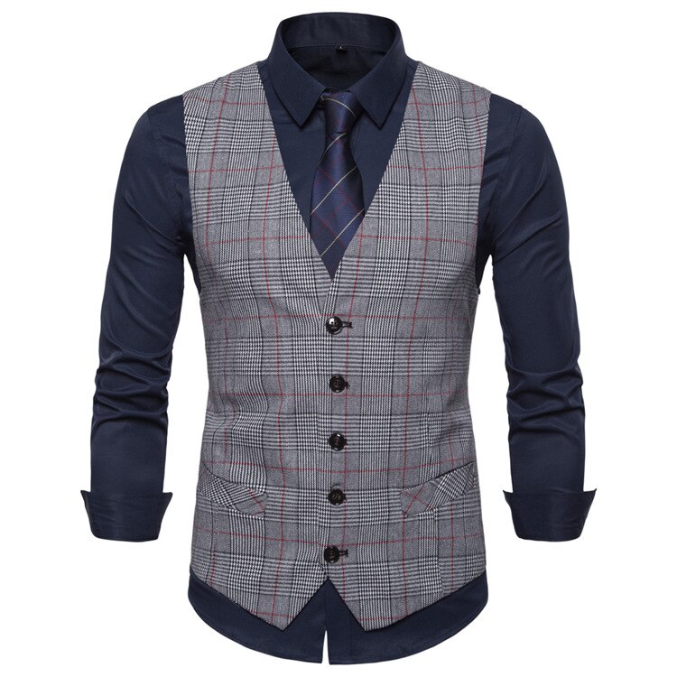 VISADA JAUNA Mens Stripe Plaid Formal Blazer Vests Casual Single Breasted V-neck S-3XL Male England Style Casual Vests: Gray / L
