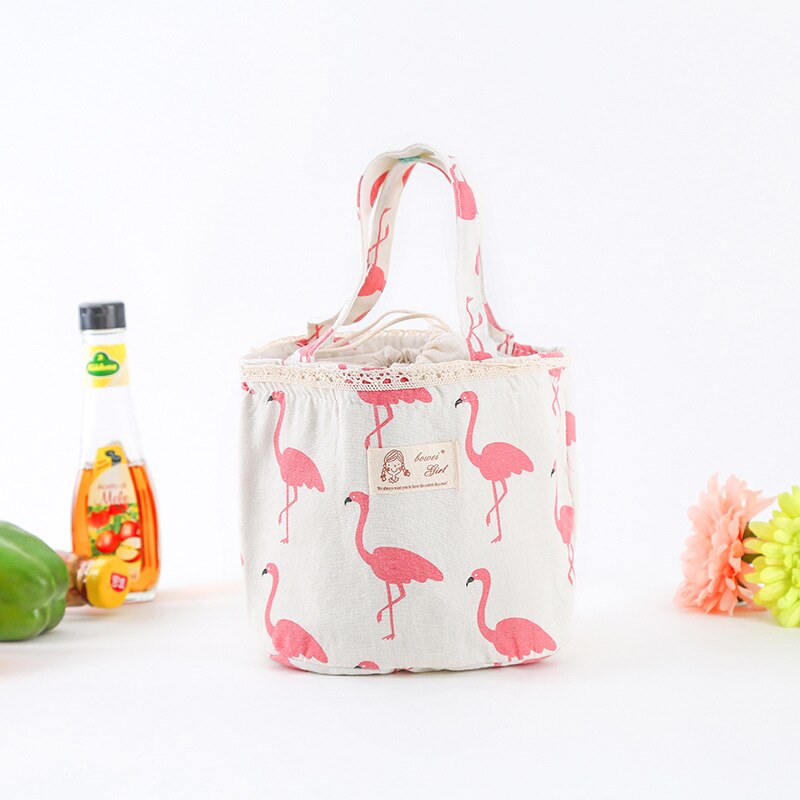 Vrouwen Meisjes Kinderen Kids Draagbare Thermische Geïsoleerde Lunch Tas Doos Picknick Tote Patroon Gedrukt Canvas Lunch Tas: White-Flamingo