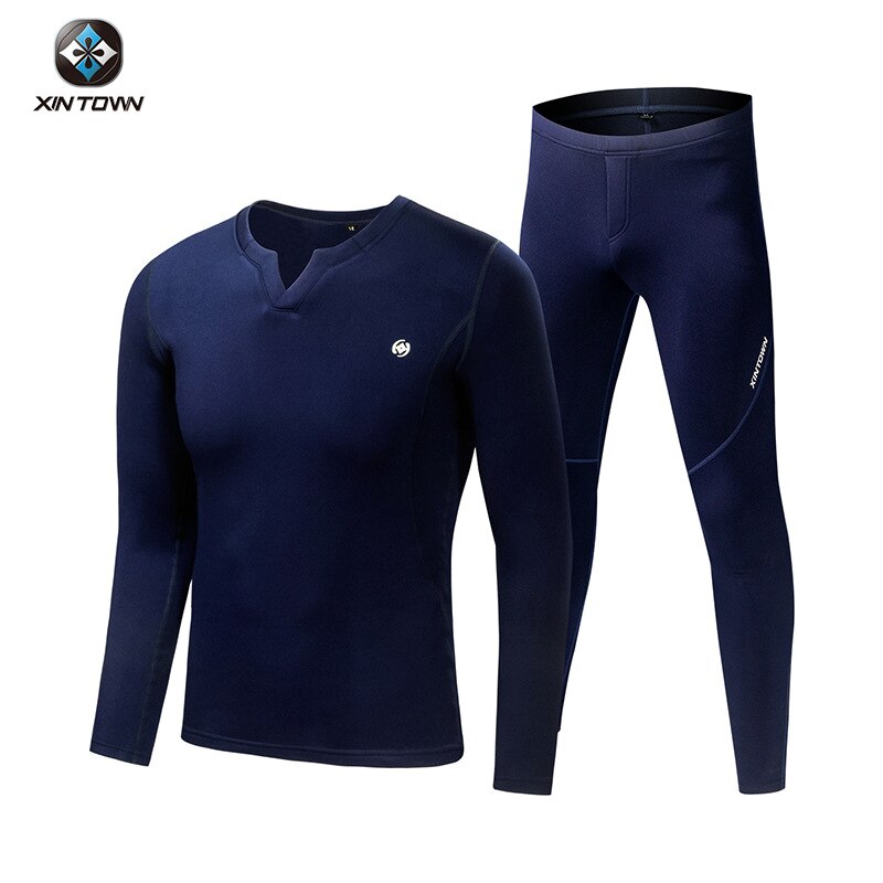 Winter Herfst Skiën Thermisch Ondergoed Fietsen v-hals Lange Mouw Fitness Pak Mannen Dikker Fleece XINTOWN mannen Ski Warmer set: L / V neck Blue - male