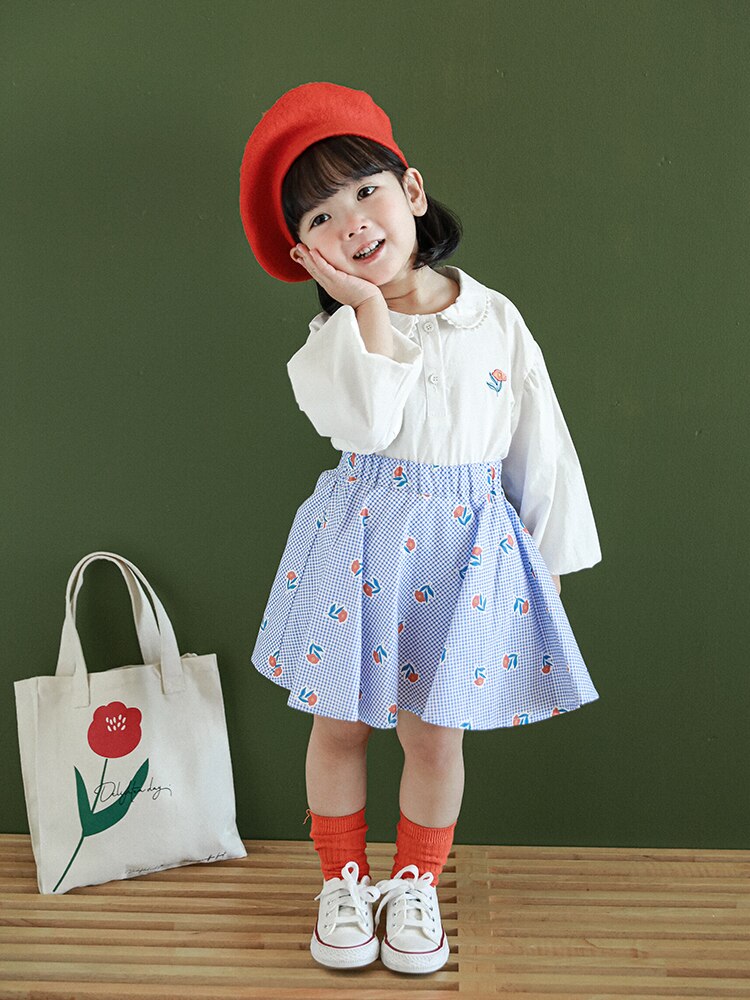 Spring New Children Wear Girls Roland Check Red Flower Safety Pants Skirt