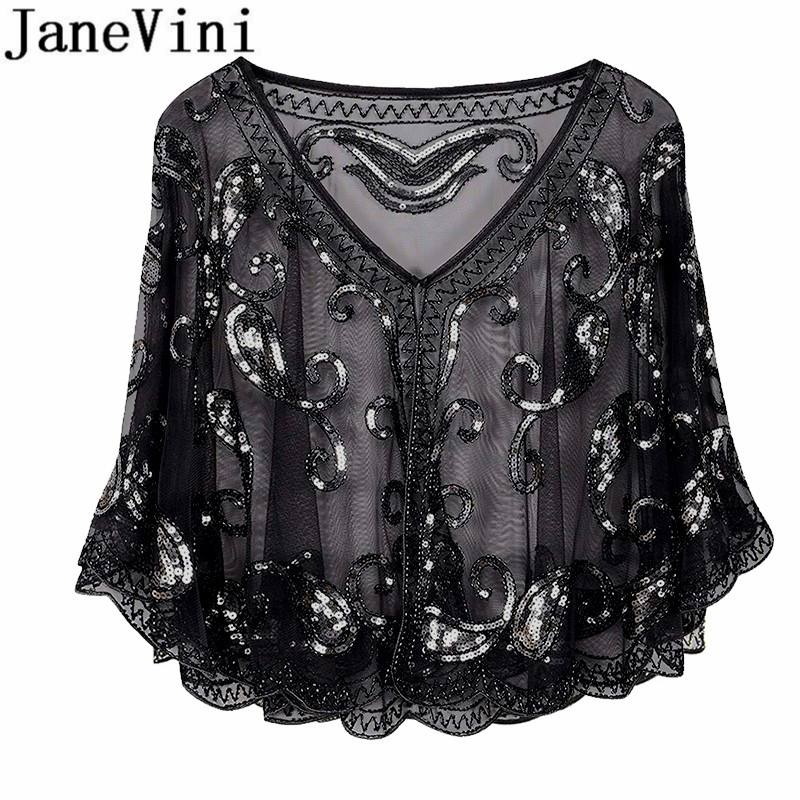 JaneVini paillettes scintillantes Capes de soirée pour femmes or noir perles fête de mariage enveloppes de mariée Boleros manteau étoles Cape de mariée