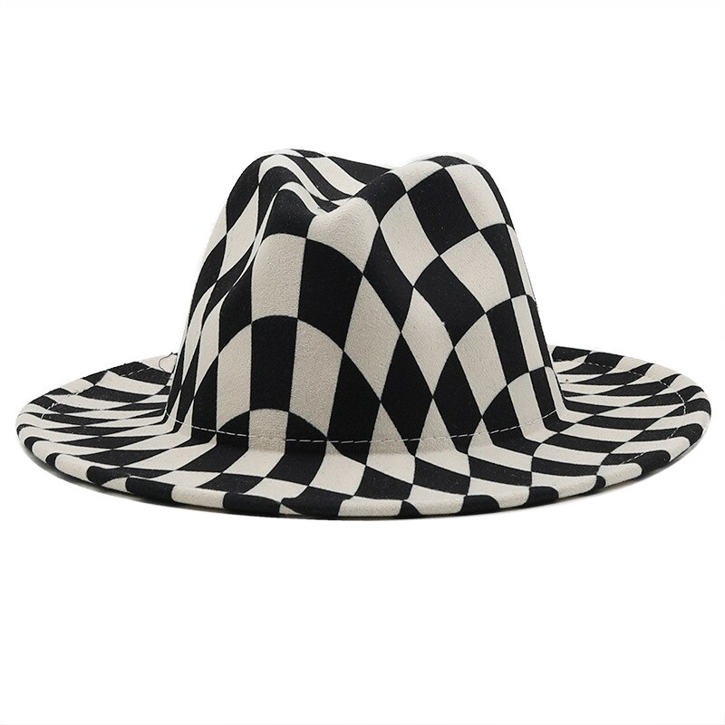 QBHAT Checkerboard Plaid Print Top Hat Men Black Bottom Patchwork Jazz Fedora Hats Fascinator Women Church Felted Cap: milky white plaid