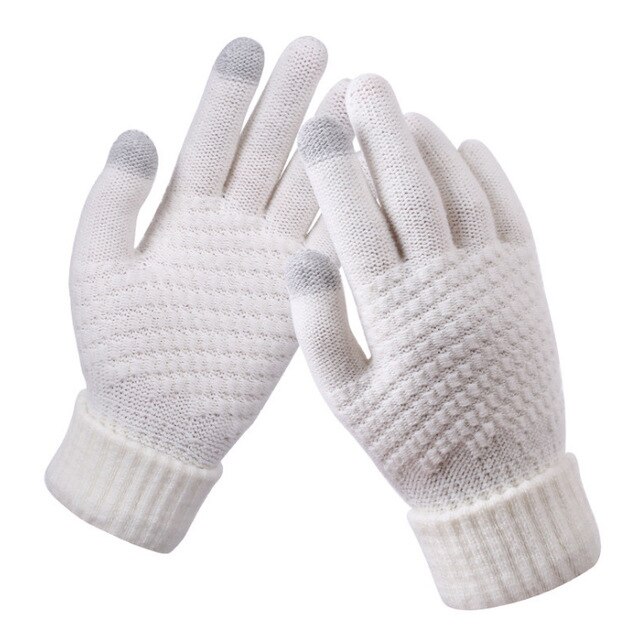 Guantes cálidos de invierno para pantalla táctil para hombre y mujer, de Cachemira fría, lana gruesa, de punto, para dedo completo, de Año: White