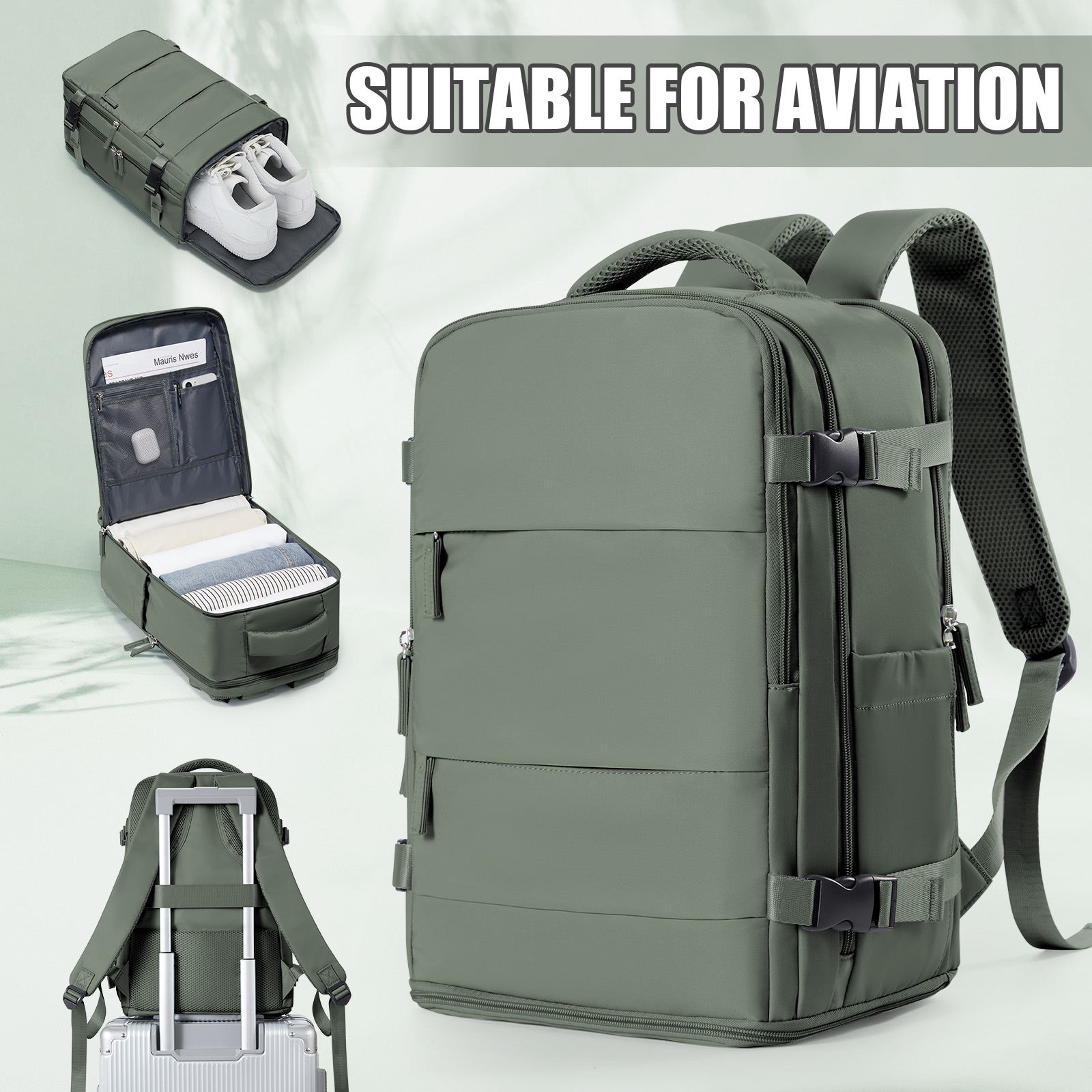 Mochila de viagem para mulheres e homens, mochila Ryanair 40x20x25 bagagem de avião de cabine EasyJet 45x36x20 mochila bolsa para laptop de negócios: 16 polegadas / Verde