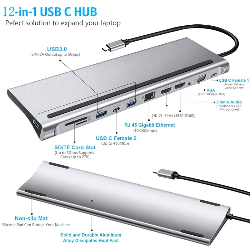 USB C HUB A HDMI 12 In1 VGA RJ45 Gigabit Ethernet Adattatore di Alimentazione Dock PD Caricatore