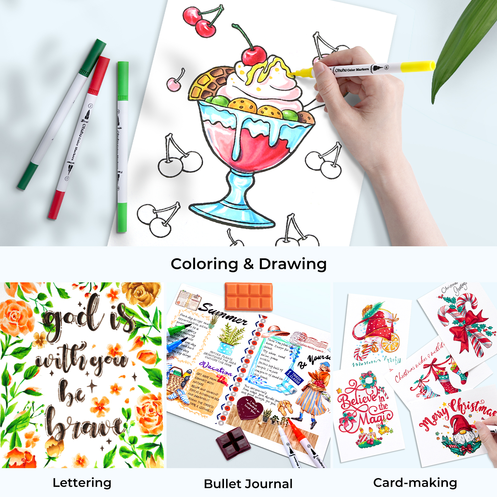 Ohuhu marcadores de arte de doble punta, juego de marcadores de línea, bolígrafo de Color agua, pincel para colorear, delineador fino, pintura, dibujo, suministros escolares
