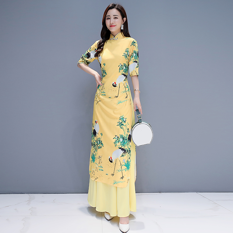 Asian long Qiapo maxi dress Chinese style yellow Ao Dai for women