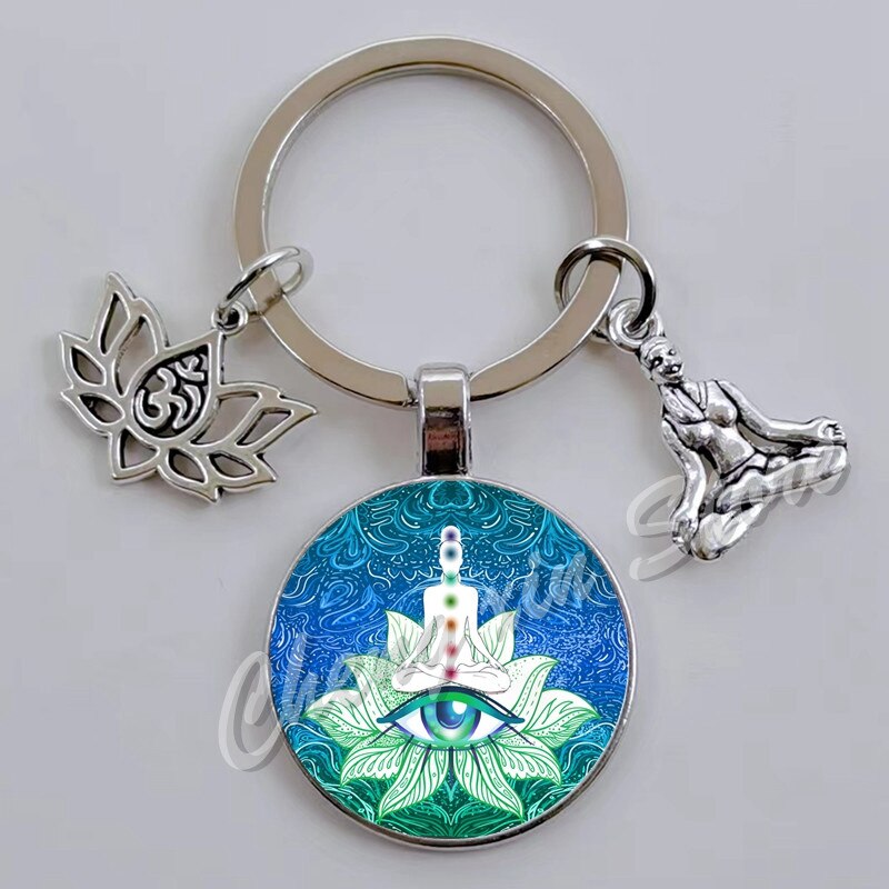 Indian Buddha Meditatie 7 Chakra Mandala Psychedelische Yoga Glas Cabochon Sleutelhanger Ornament: Donkergrijs