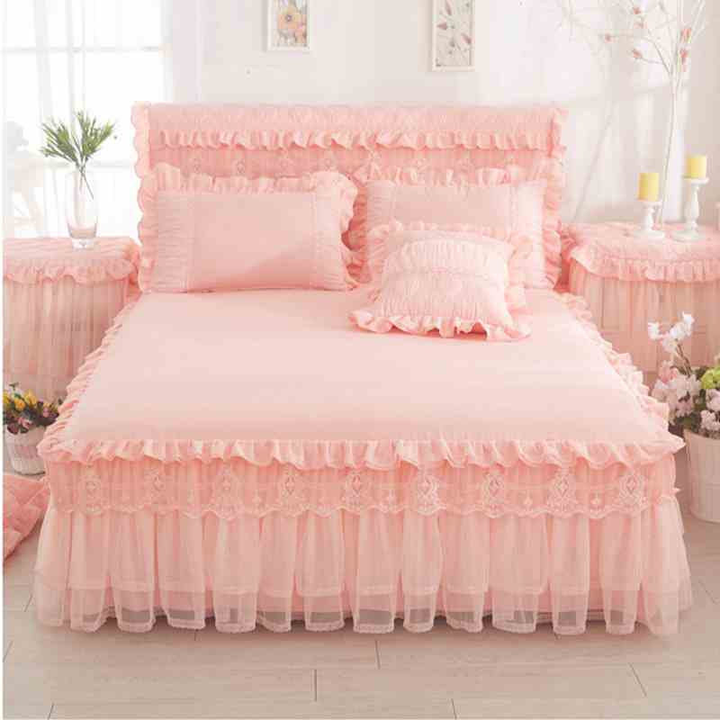 Beige/roze 1 stuk kanten bedrok +2 stuks kussenslopen prinsessenbeddengoed sprei hoeslaken voor meisjes matrashoes kingsize queensize: Lichtroze / 1 stuk rok 150 x 200