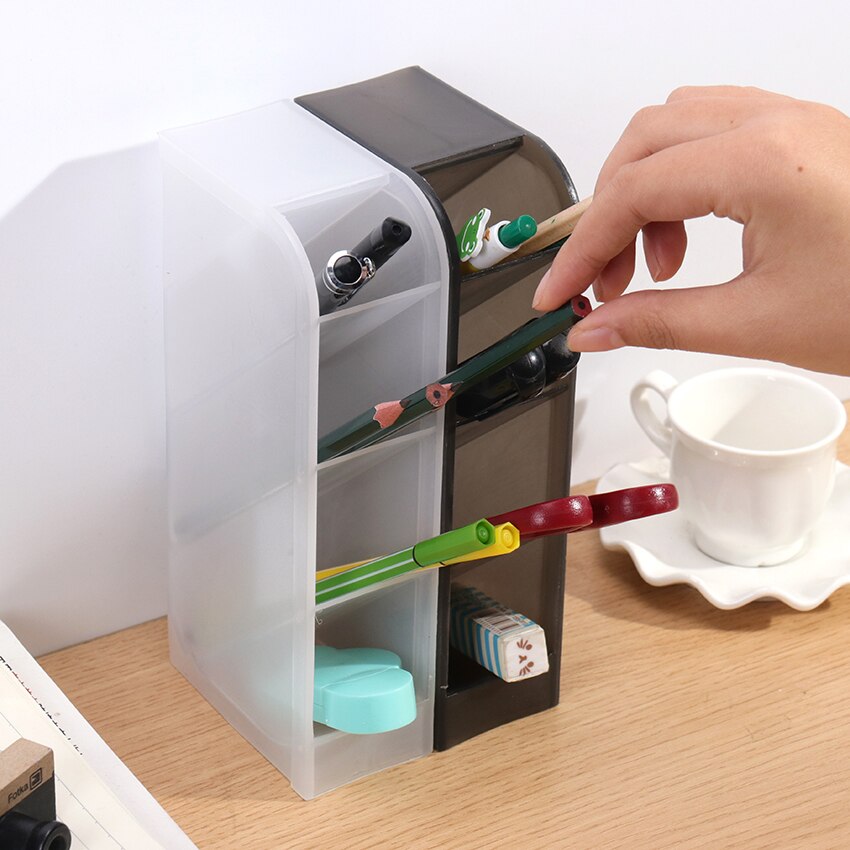 Multi-función 4 rejilla porta pluma de escritorio Oficina escuela almacenamiento caso claro blanco negro plástico caja escritorio pluma lápiz organizador 1PC