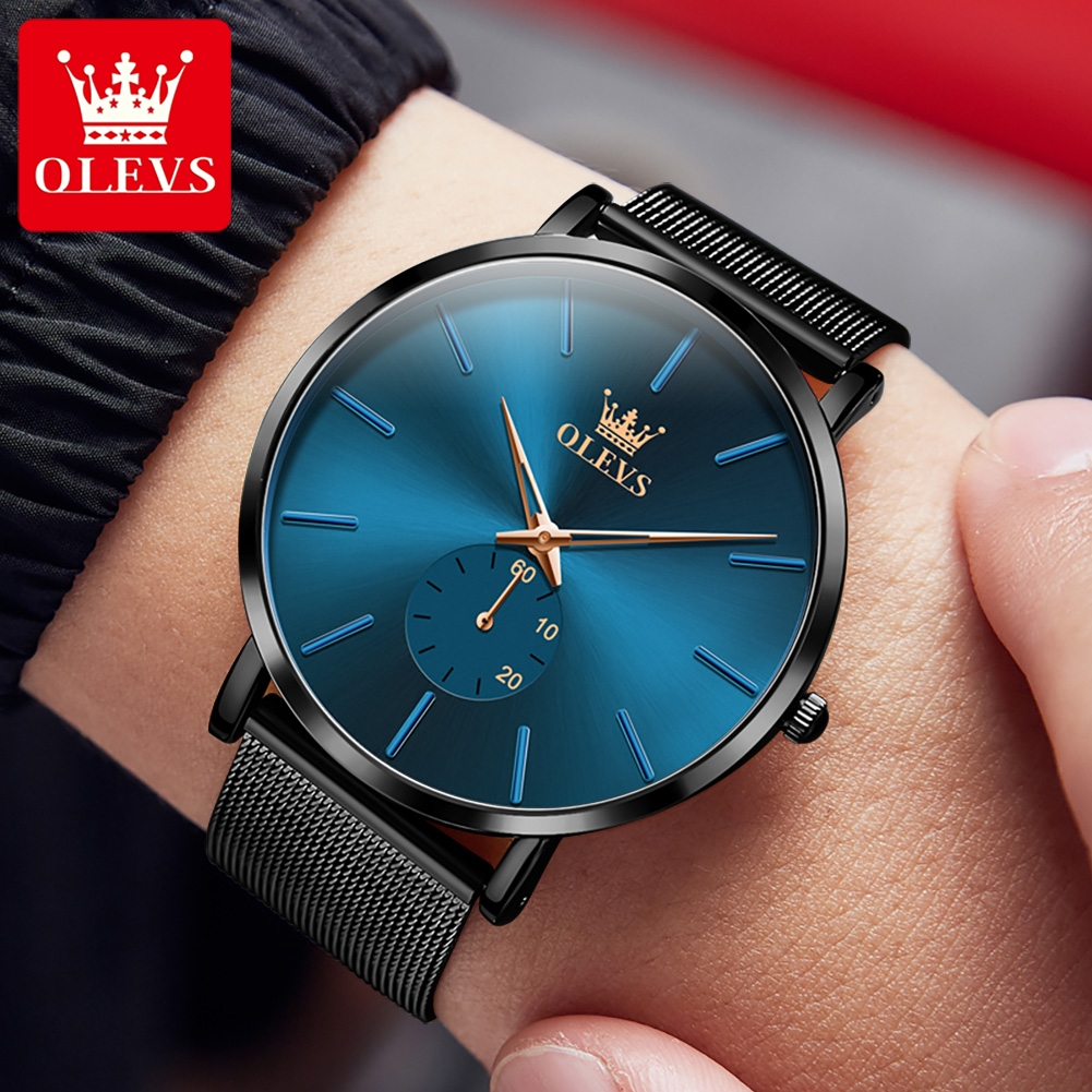 Olevs herrklockor minimalism ultratunna original kvarts armbandsur vattentät lysande oberoende begagnad urtavla nätarmband